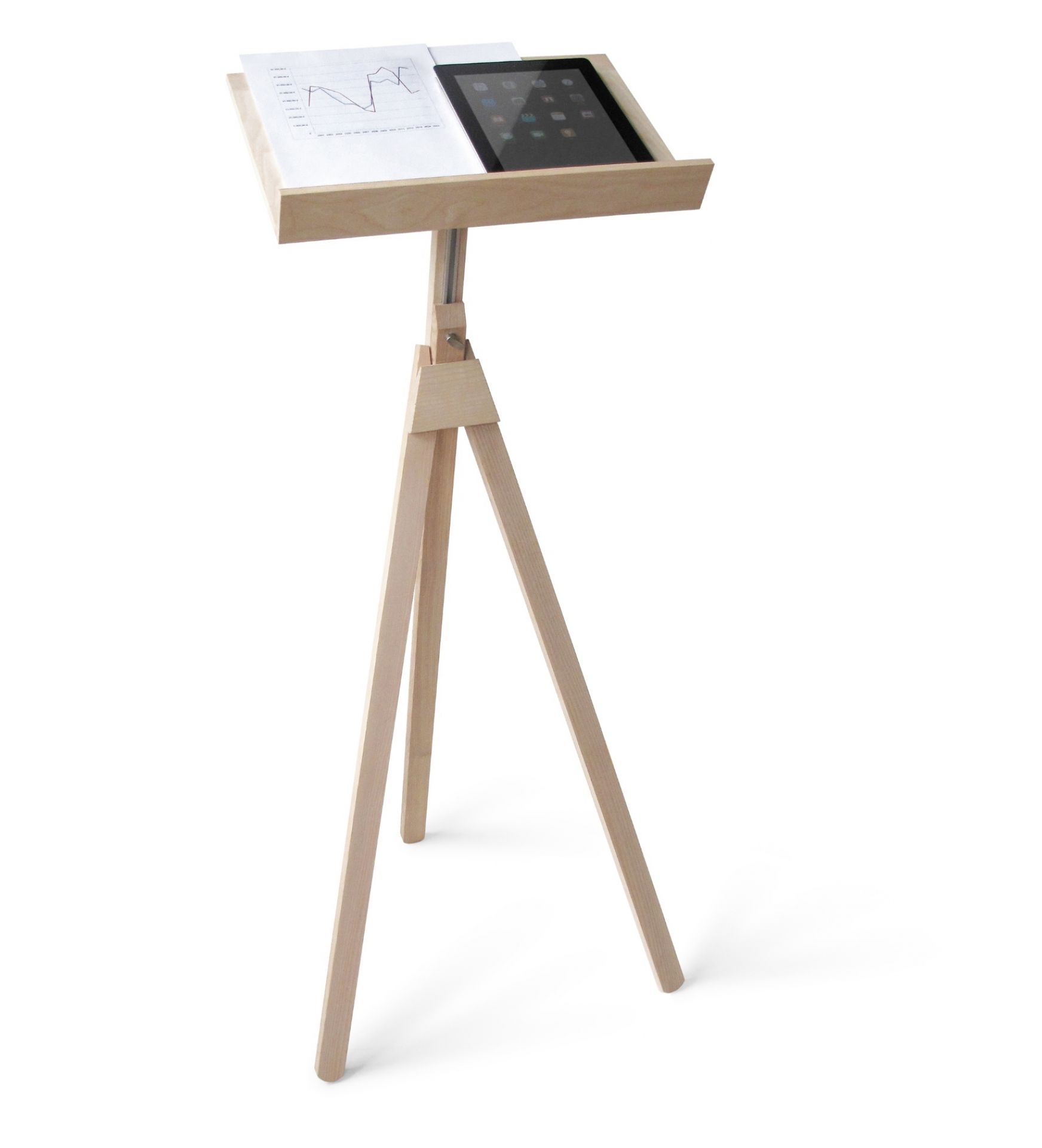 Heller Holz Notenständer & Stehpult mit Tablet und Notenblatt, modernes Design für Musiker.